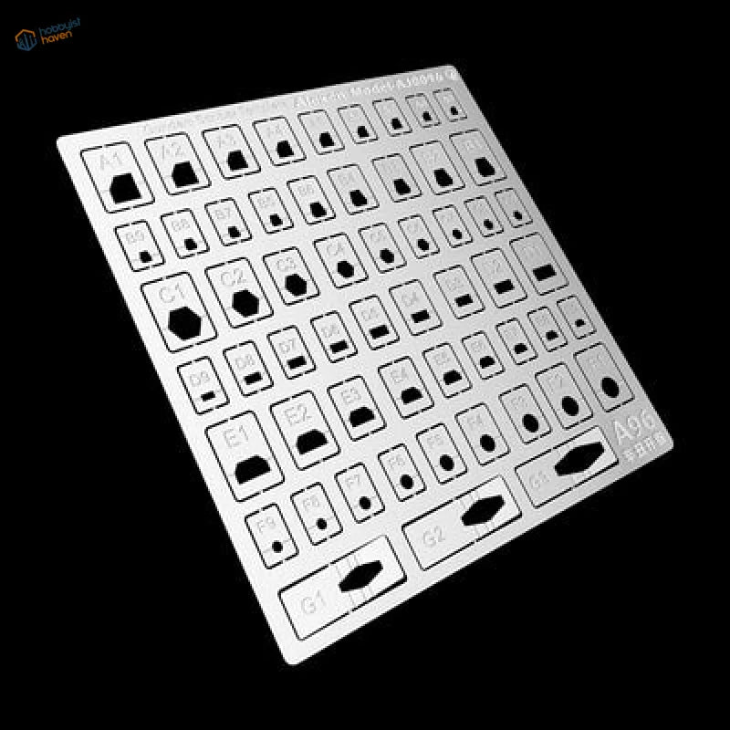 Silver metal stencil with keyway cutouts for engraving auxiliary scale modeling tools