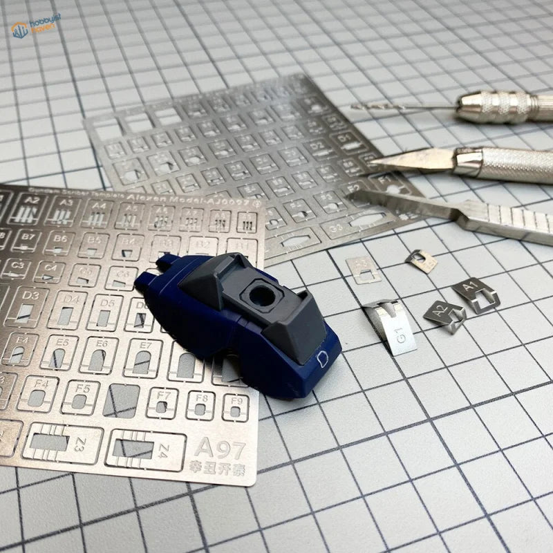 Blue black Gundam car part on engraving auxiliary metal stencil tool