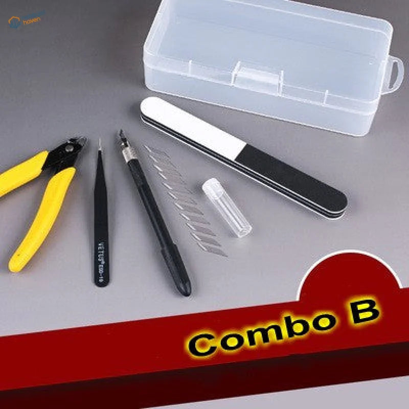 Essential tools set with precision pliers and scalpels in clear case