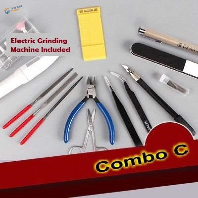 Essential tools set combo kit with yellow grinder, red files, blue pliers