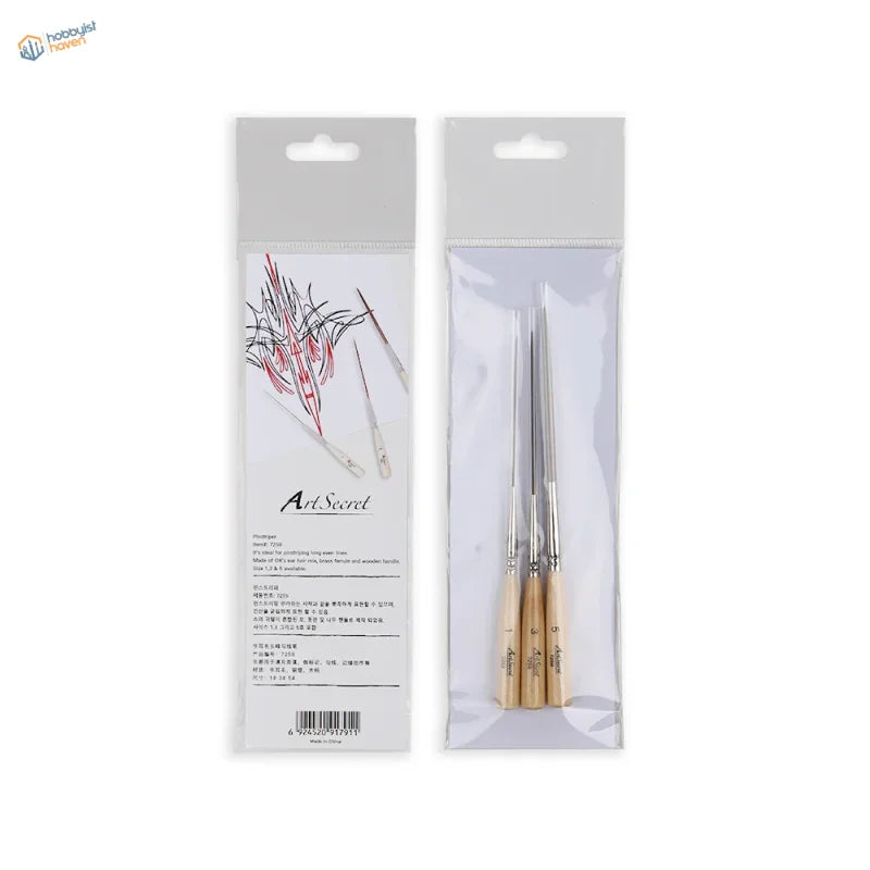 Extra-long liner brushes with wooden handles in clear sleeves for scale modeling