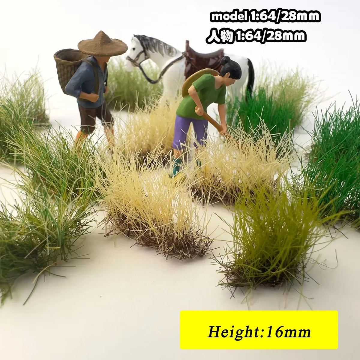 1:64 scale farmers with 16mm static grass tufts on grassy terrain