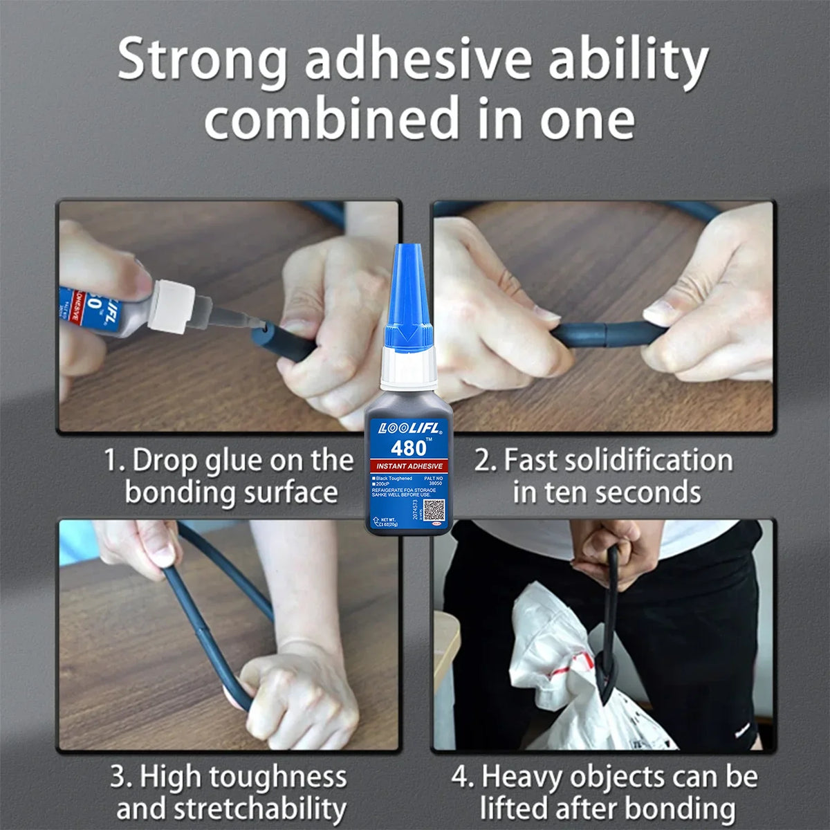 Blue-tipped white 20ml bottle of loolifl 480 black cyanoacrylate adhesive in single 20ml bottle packaging