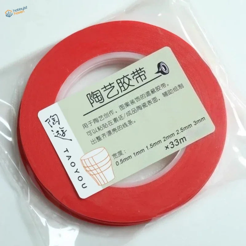 Red adhesive fine line masking tape roll with chinese label in clear plastic for scale modeling tools and model building tools