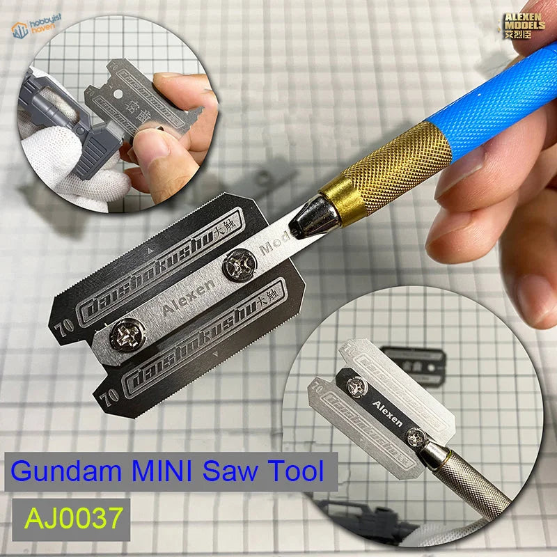 Blue-handled fine metal Gundam saw for controlled cuts in scale modeling