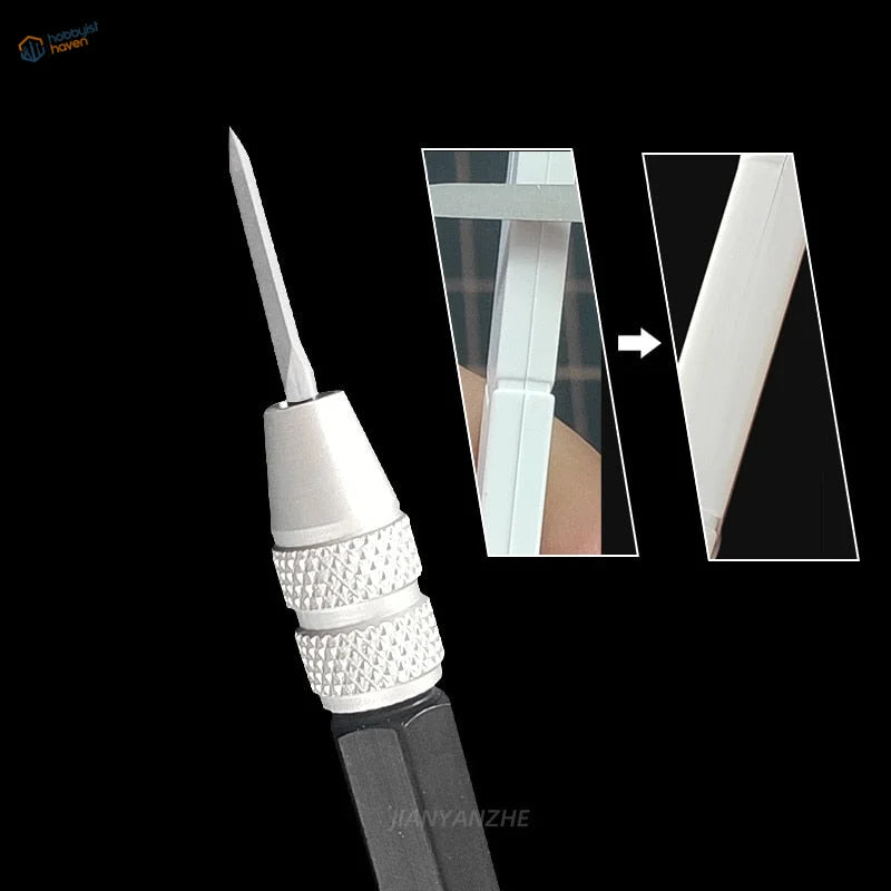 Carving tool with white handle and sharp triangular metal tip