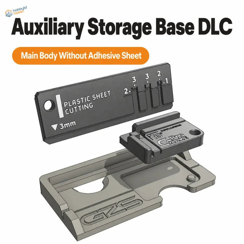 Gray plastic auxiliary storage base dlc with engraved gzs branding and 3mm cutting guide for scale modeling tools