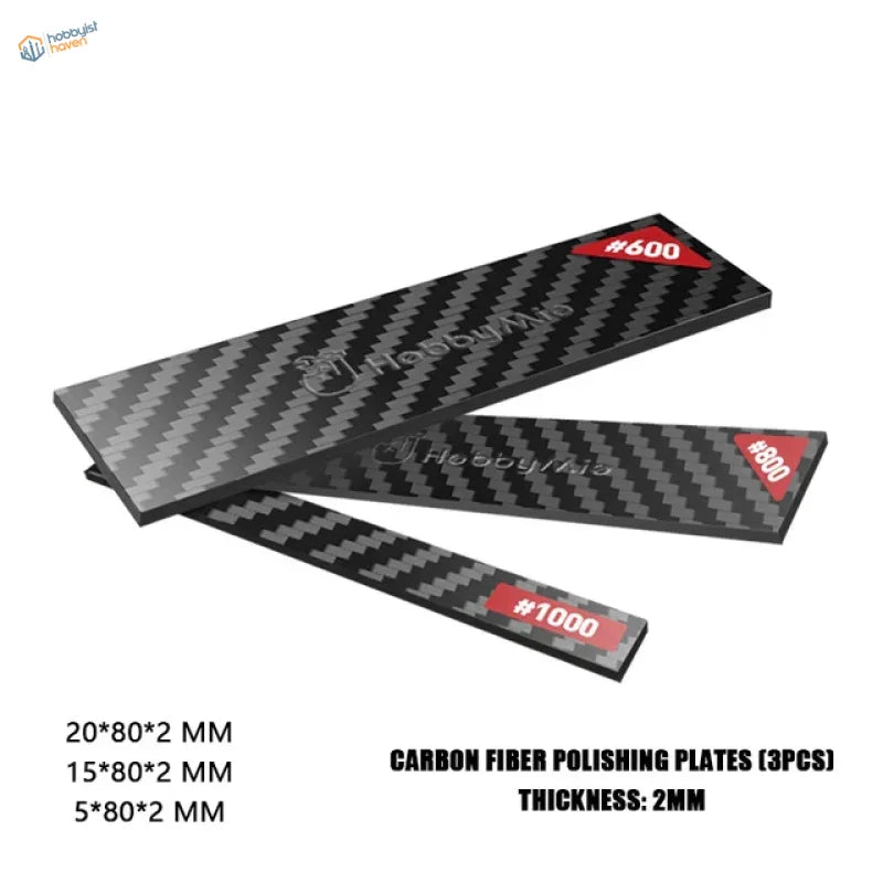 Black and gray carbon fiber polishing plates with red grit labels on Flexible Acrylic Sanding Sticks