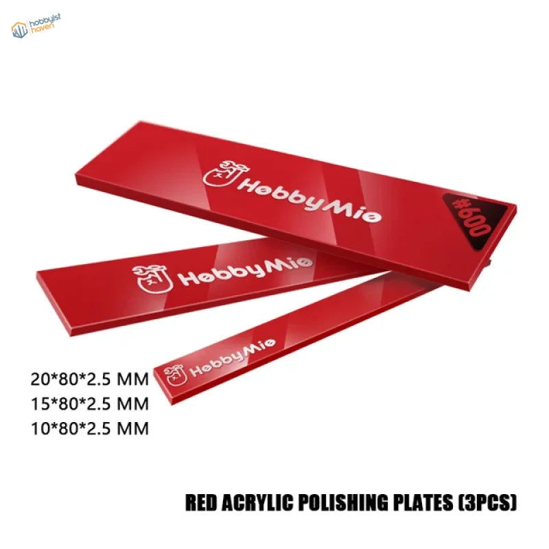 Red acrylic sanding sticks with glossy finish and Hobbymie branding
