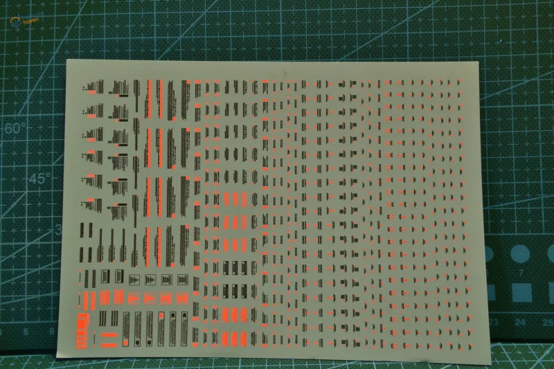 Fluorescent decals sheet with black orange markings for HG MG Gunplas