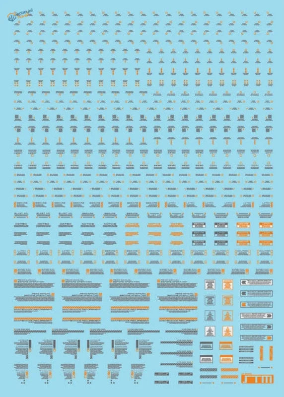 Light blue fluorescent decals sheet with gray orange HG/MG Gunpla stickers