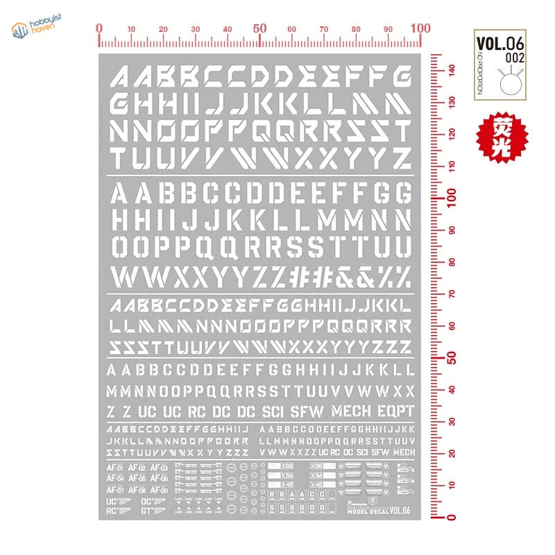 Gray fluorescent decals of digital-style letters with scale ruler