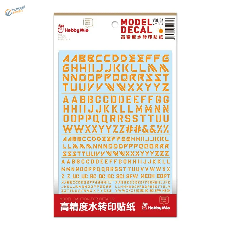 Fluorescent decals of digital-style letters: orange alphabet on blue Hobbymie sheet