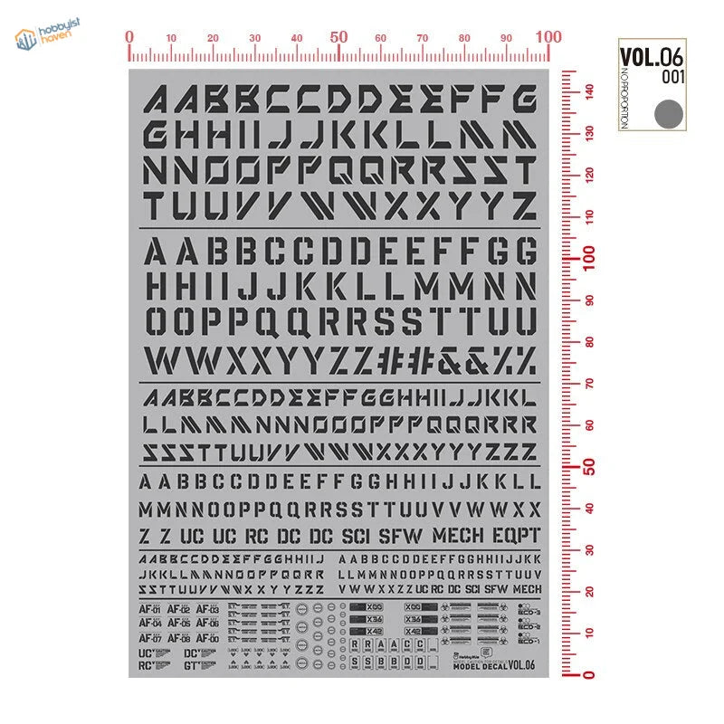 Gray vinyl fluorescent decals sheet with digital-style letters for scale modeling