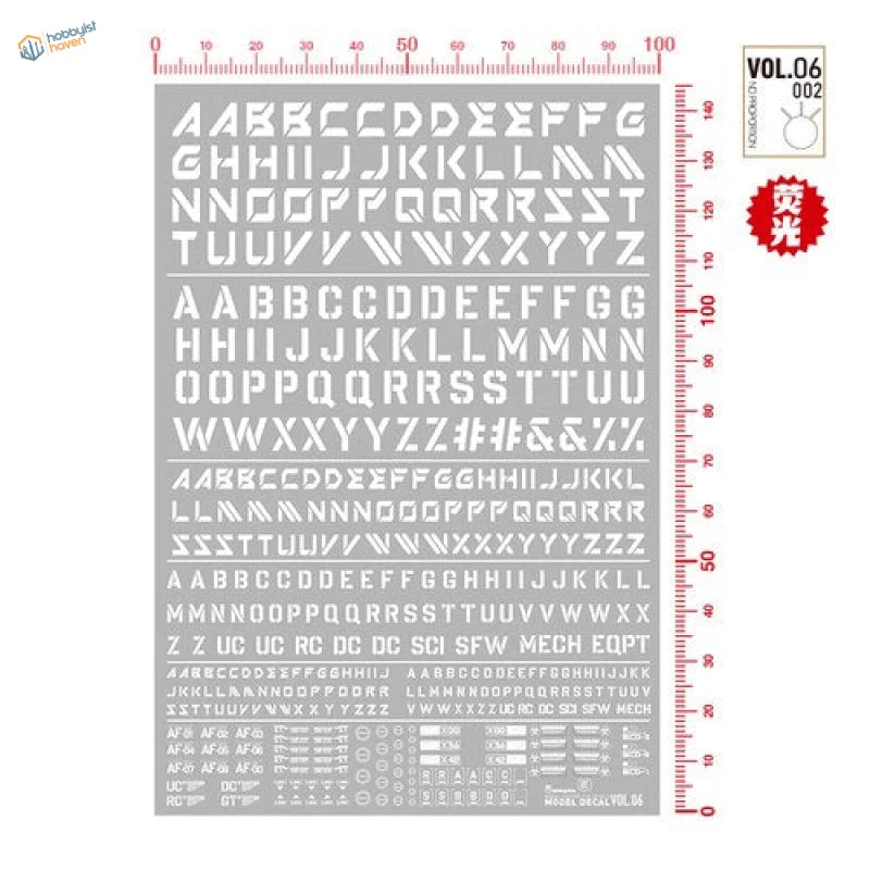 Gray translucent fluorescent decals stencil sheet with red markings for digital-style letters
