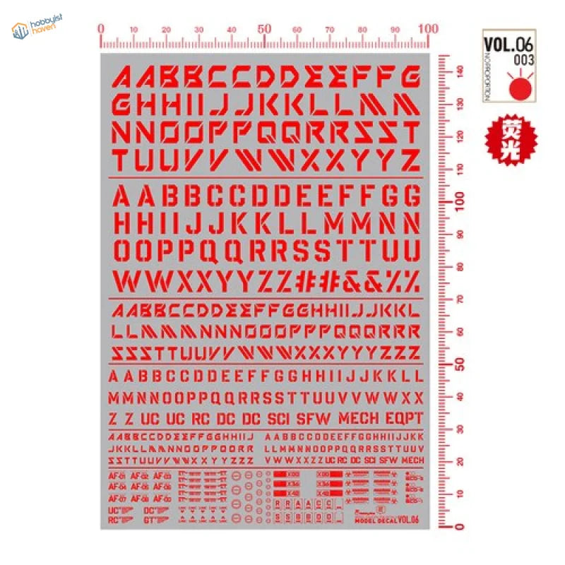 Fluorescent decals of digital-style letters on gray sheet for scale modeling