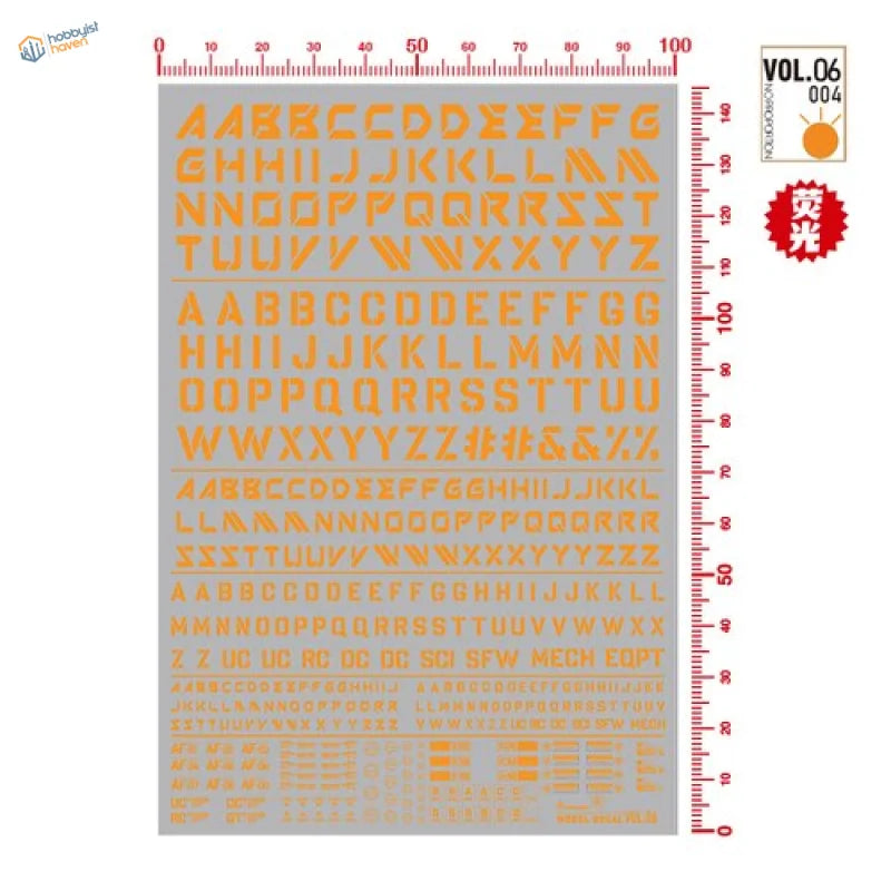 Orange fluorescent decals of digital-style letters on gray backing sheet
