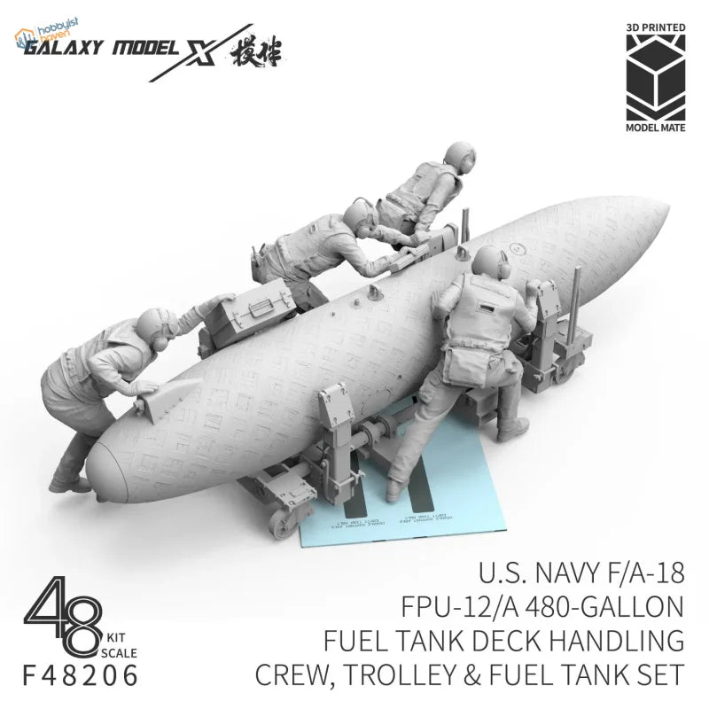 Gray 3d-printed deck handling crew figures from galaxy 1/48 f/a-18 set depicting fuel tank operations