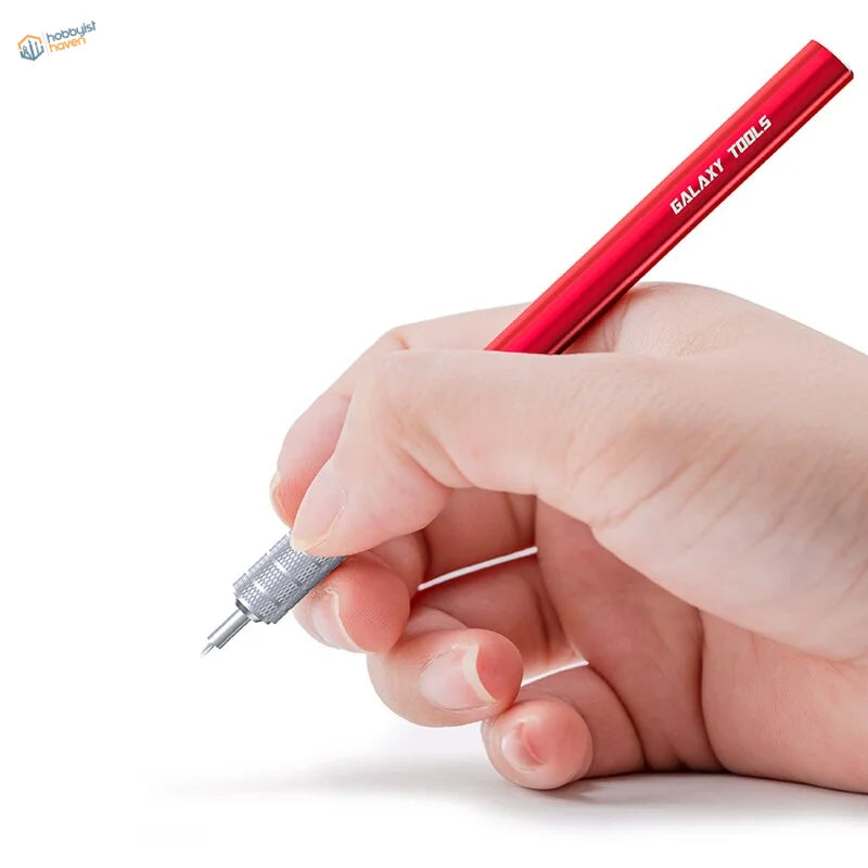 Red Galaxy 360 rotating blade pen with silver grip and fine tip