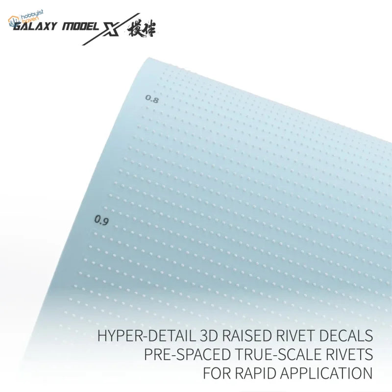 Galaxy Model light blue pre-spaced 3D raised rivet decals for model building