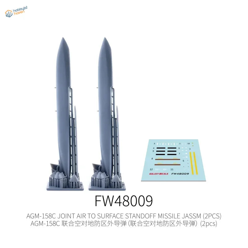 Two Galaxy Model 1/48 gray plastic missiles on bases, aircraft weapons