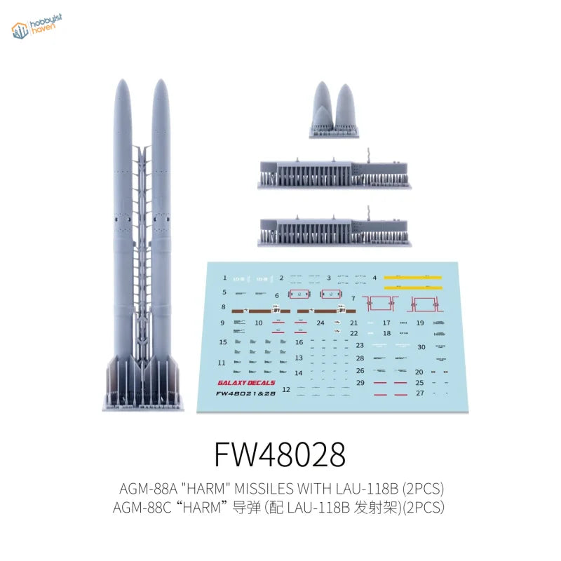 Galaxy Model 1/48 AGM-88A HARM missiles with LAU-118B launchers, aircraft weapons