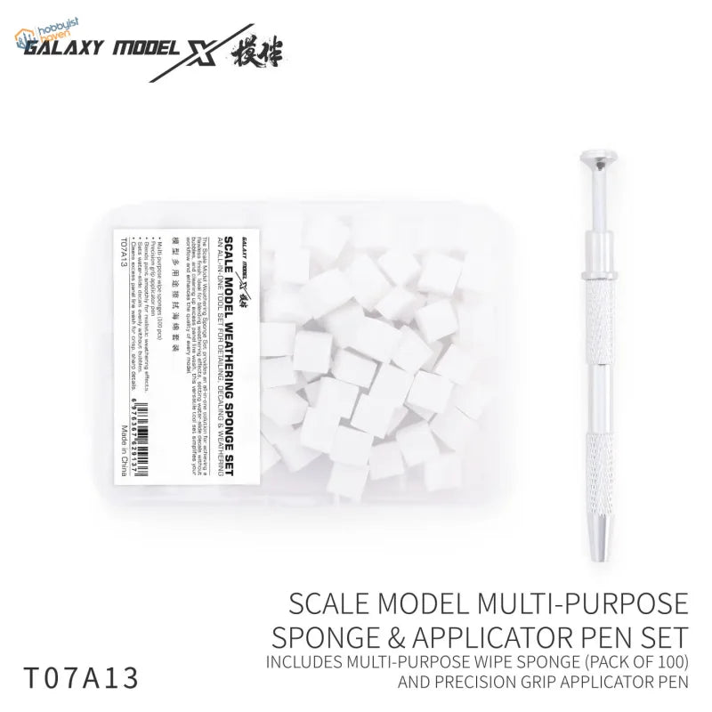 Galaxy model 100-piece set includes white cube-shaped weathering sponges and a precision grip applicator pen in clear pack
