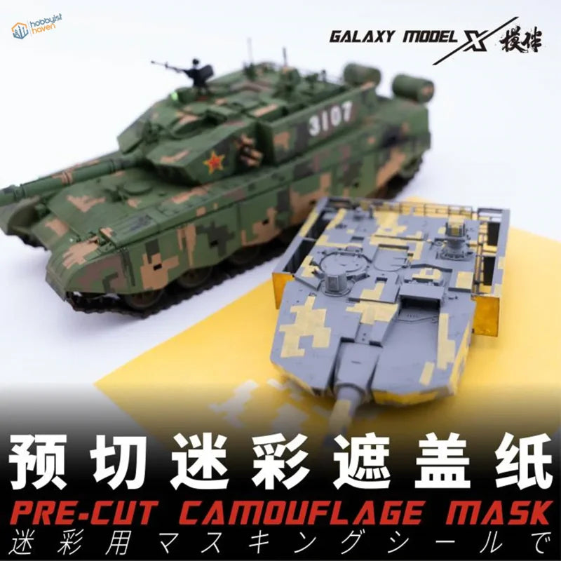 Galaxy model camouflage masks on green brown tank with red star turret