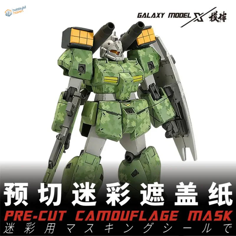 Galaxy model green camouflage Gundam with yellow accents, pre-cut masks