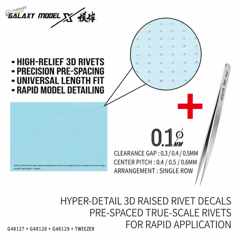 Light blue Galaxy Model single line 3D raised rivet decals with hyper-detail and pre-spaced true-scale design for rapid application
