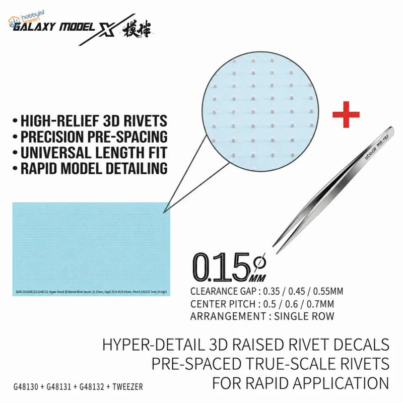 Galaxy model single line 3d raised rivet decals in light blue with pre-spaced rivet decals and matching precision tweezers set