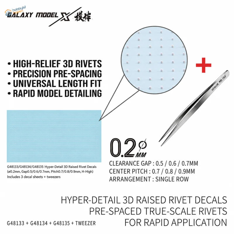 Silver metallic tweezers with engraved branding designed for precise application of galaxy model raised rivet decals