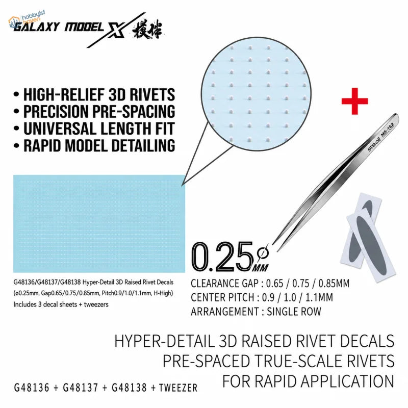 Galaxy model single line 3d raised rivet decals in light blue with hyper-detail pre-spaced rivet decals for precise modeling
