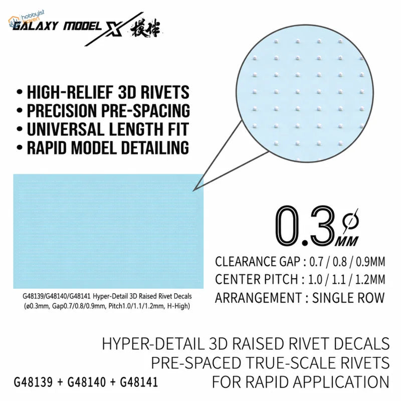 Galaxy Model single line light blue 3d raised rivet decals with precise pre-spaced high-relief design for model detailing
