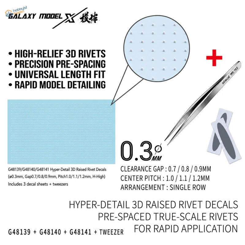 Silver metallic tweezers with engraved branding designed for precise application of galaxy model raised rivet decals