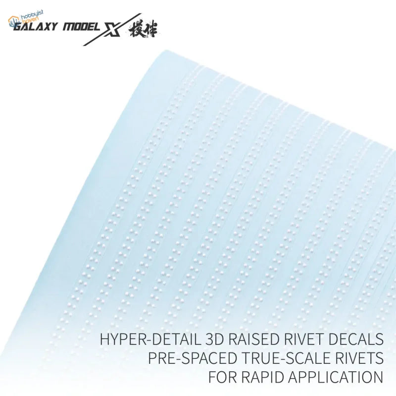 Galaxy Model single line raised rivet decals on a light blue translucent sheet with hyper-detail 3d true-scale rivets