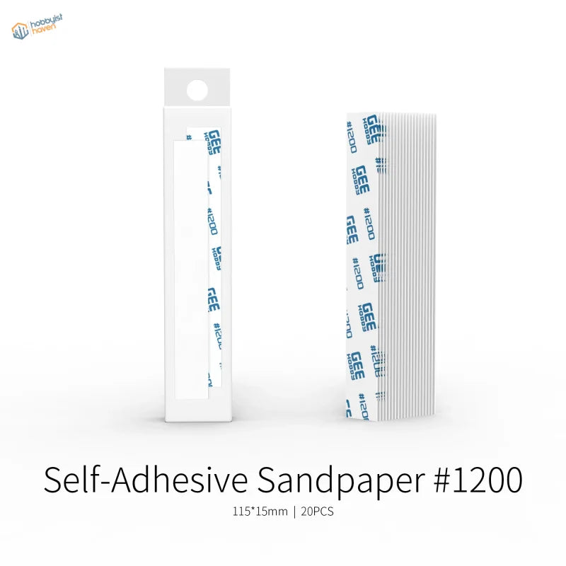 White self-adhesive sandpaper strips 1200 grit packed in clear sleeve featuring blue branding for sanding sticks and grits x 20pcs