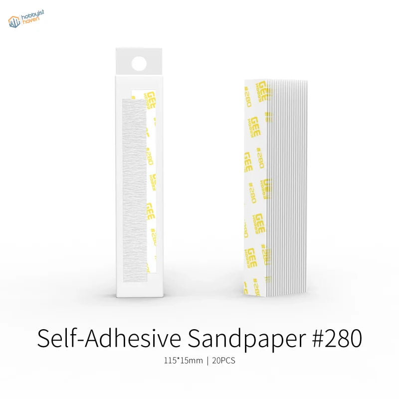 White self-adhesive sandpaper strips 280 grit in clear sleeve with yellow branding for sanding sticks grits x 20pcs bonus toy kit