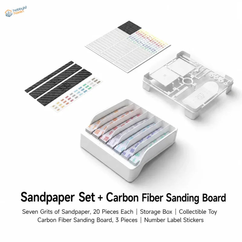 White plastic storage box with seven grits of gee hobby self-adhesive sandpaper for modeling includes sanding sticks bonus toy kit