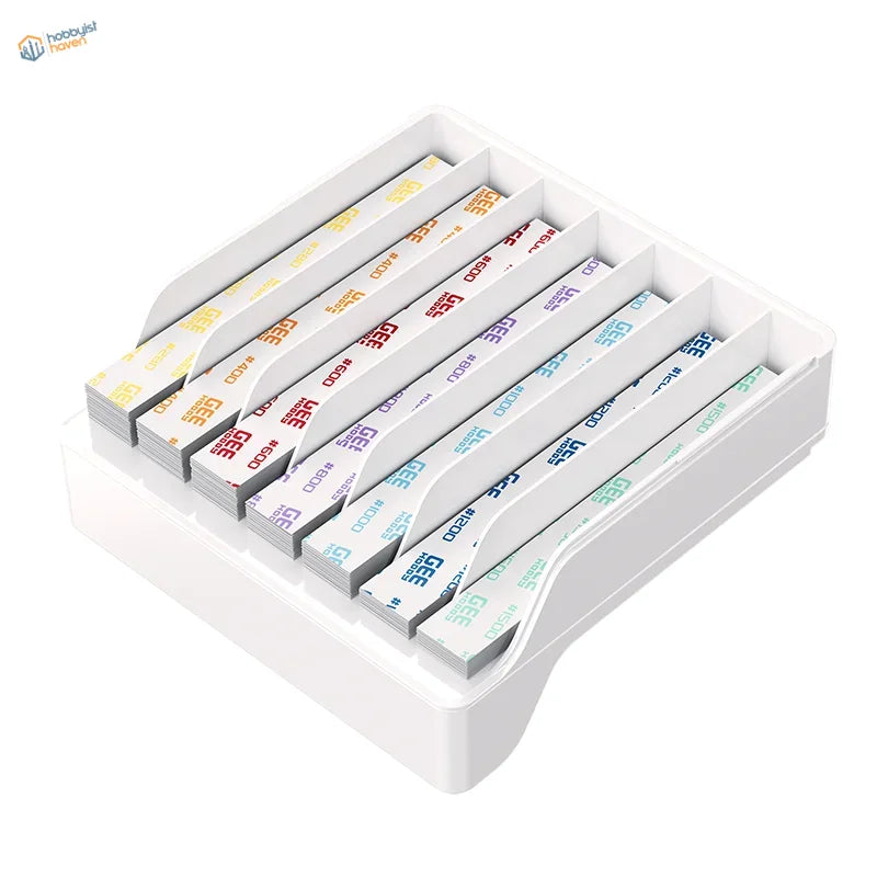 White plastic organizer holding colorful gee brand pens alongside gee hobby self-adhesive sandpaper grits x 20pcs bonus toy kit sanding sticks