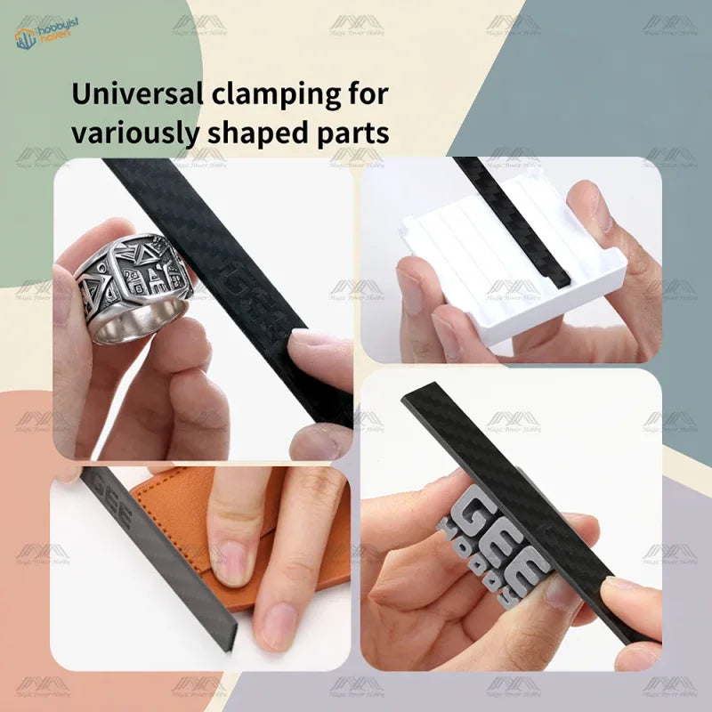 Black carbon fiber clamping tool with textured surface and precise edges for gripping parts in gee hobby sanding sticks grits x 20pcs bonus toy kit