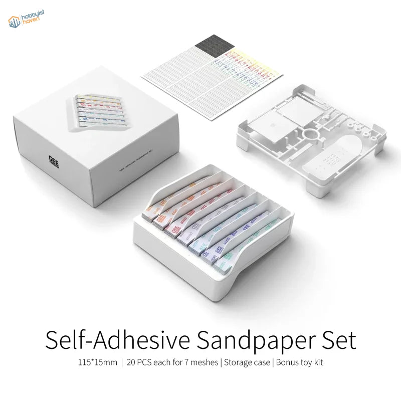 White plastic storage case holding seven self-adhesive sandpaper strips with different grits for gee hobby sanding sticks
