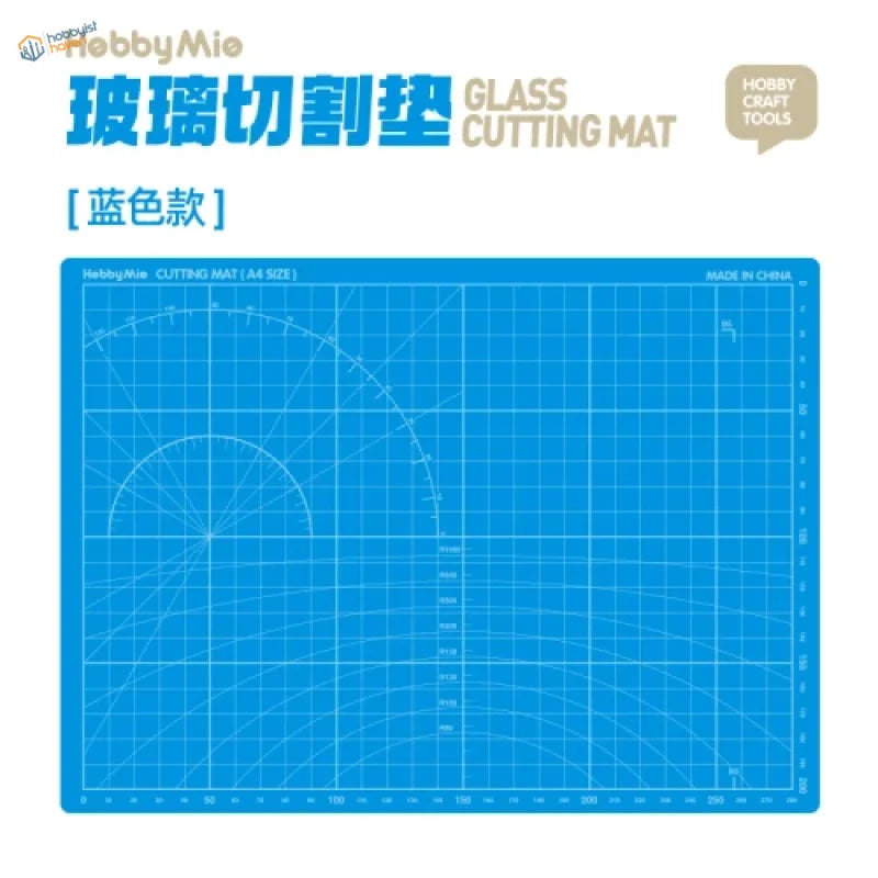 Blue glass cutting mat with grid lines and circular guides