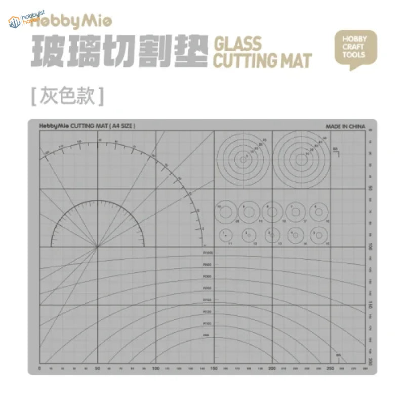Gray A4 glass cutting mat with grid lines and circle guides
