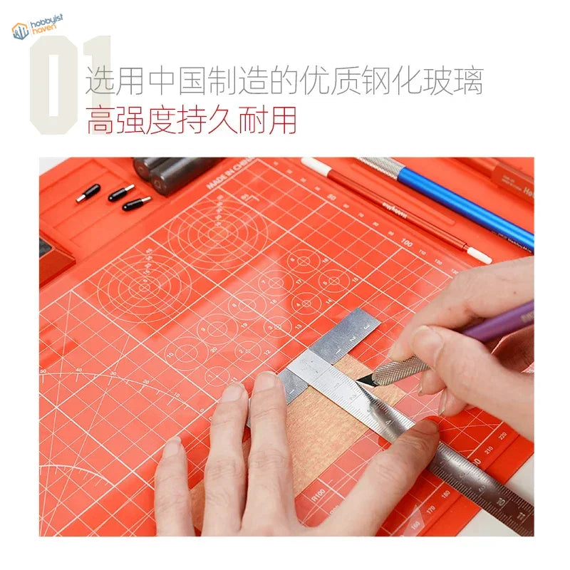 Red grid-lined glass cutting mat with circular measurements