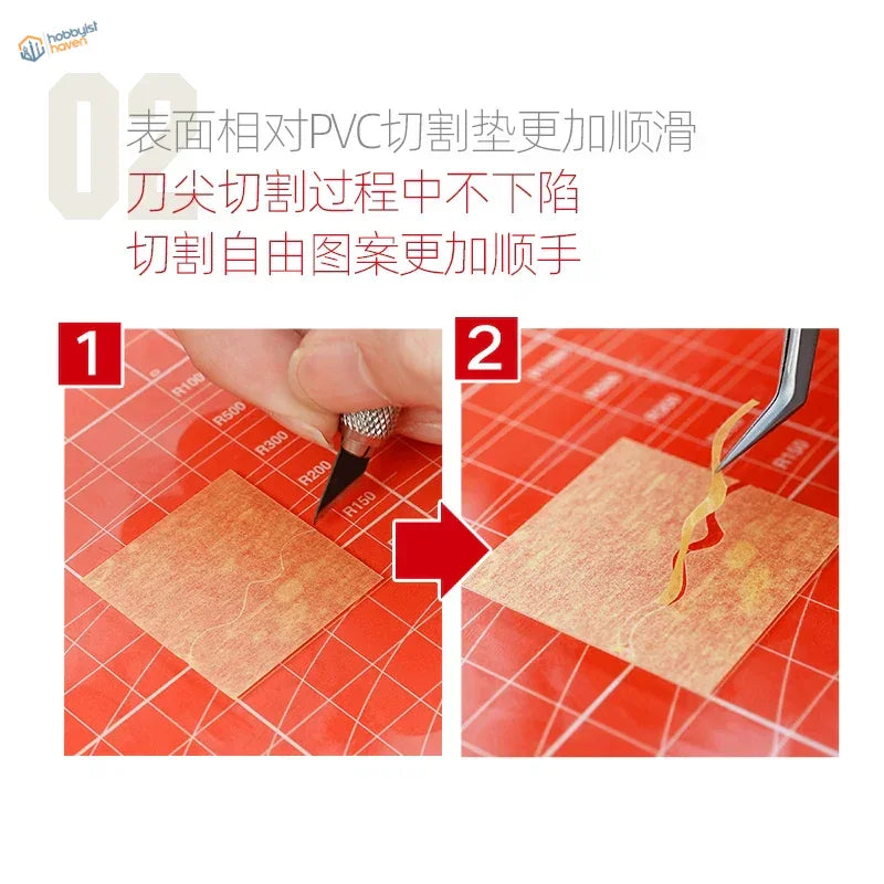 Glass cutting mat in use with precision tool on red grid