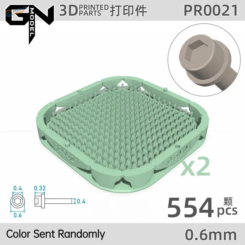 Light green 3D printed recessed hex flange rivet with pin grid and hex holes