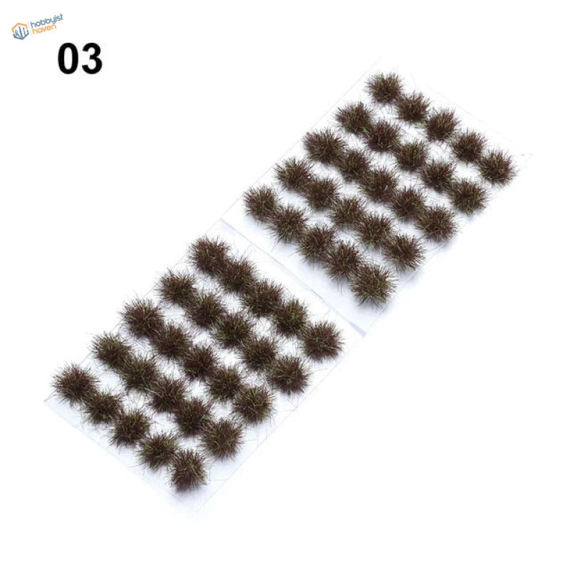 Brown fuzzy grass flower patches in rows on clear plastic sheet