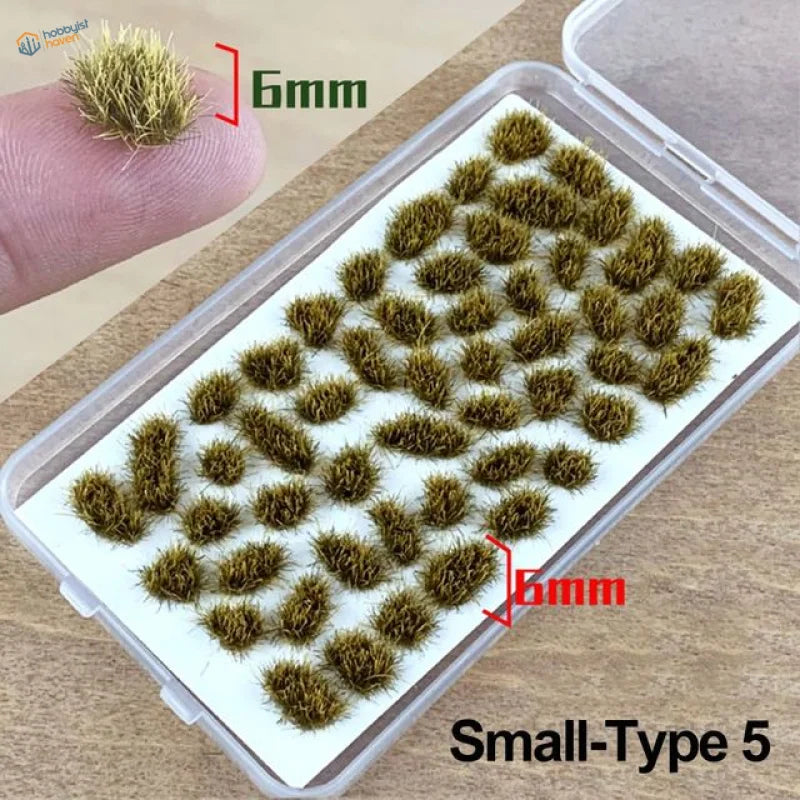 Tiny 6mm green brown grass flower patches in clear case, 60 models