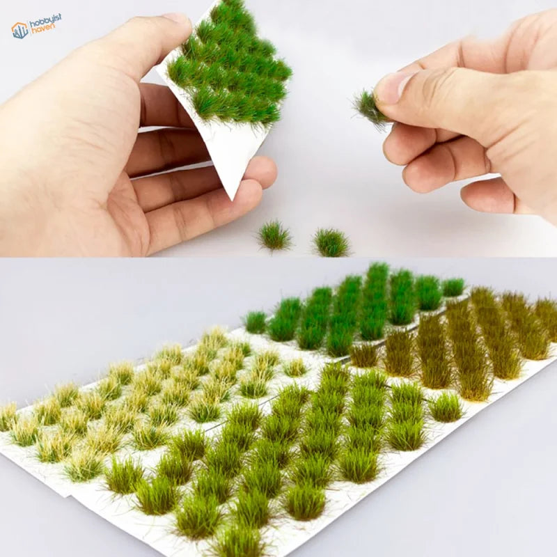Green and brown grass flower patches on adhesive sheets for model terrain